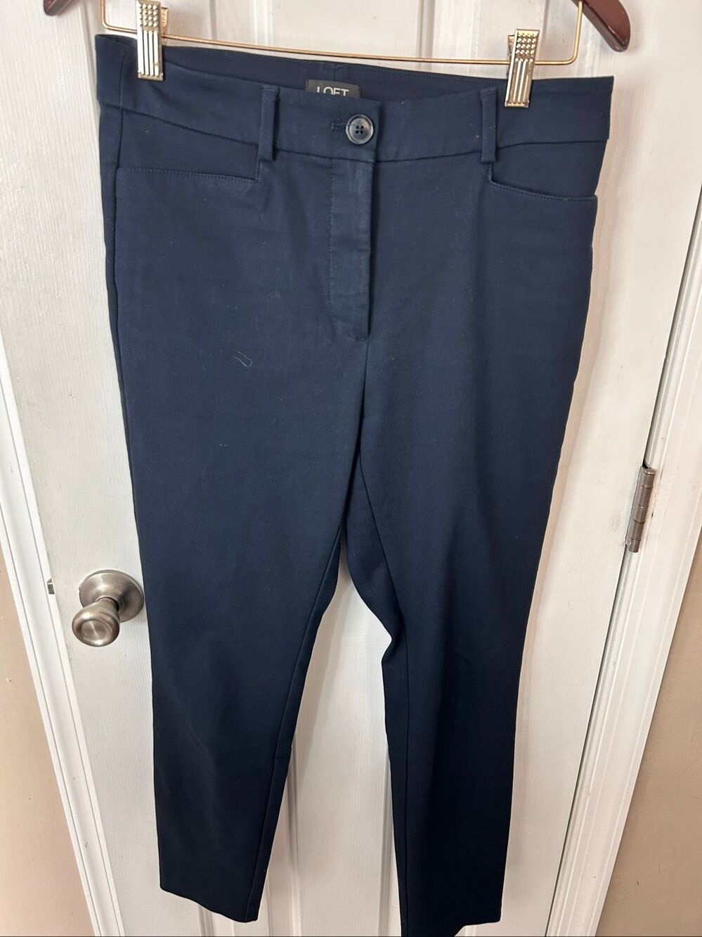 Loft women’s size 4 curvy skinny Work dress pants cotton blend dark navy blue